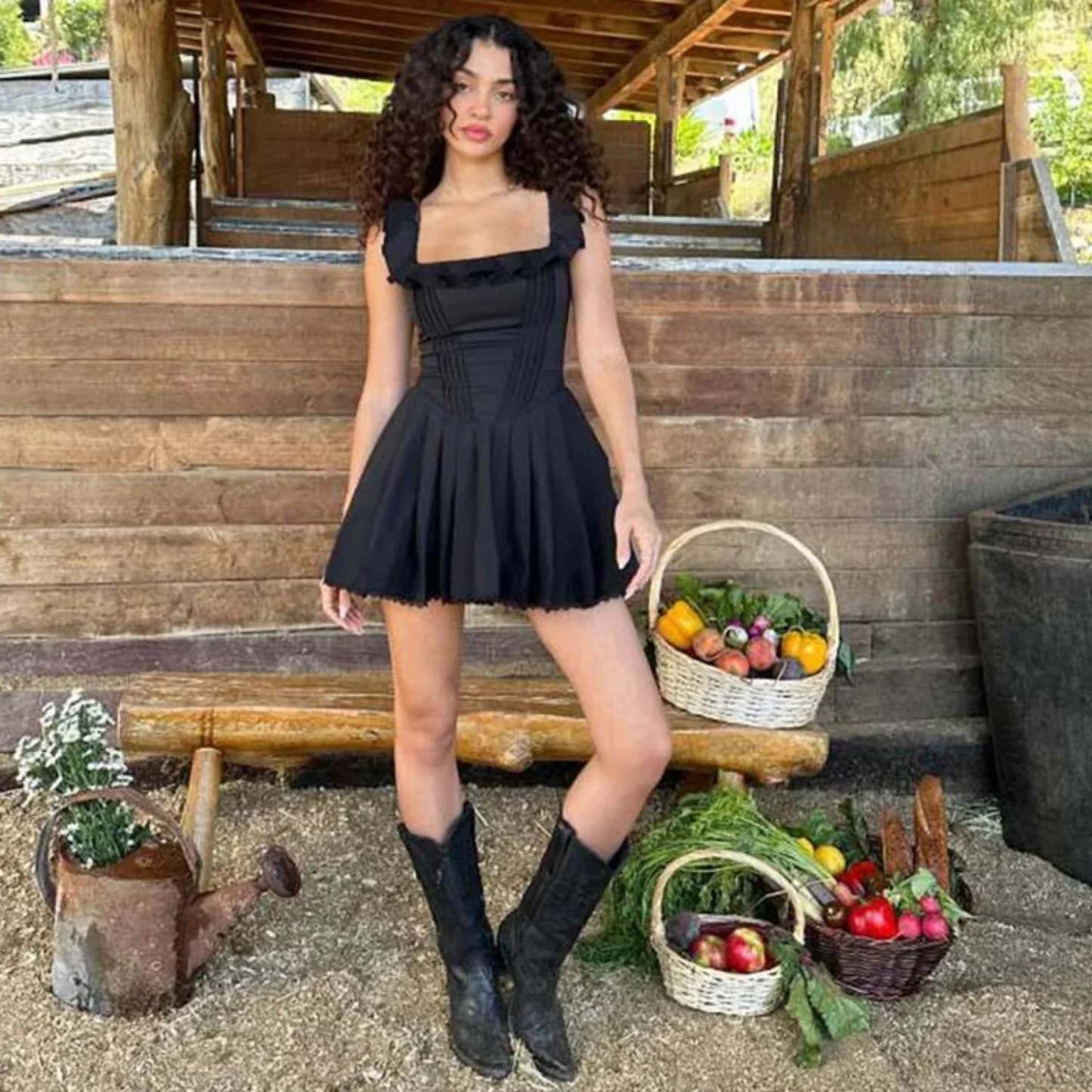 Black Ruffles A-line Vacation Dress vacationdress-250223