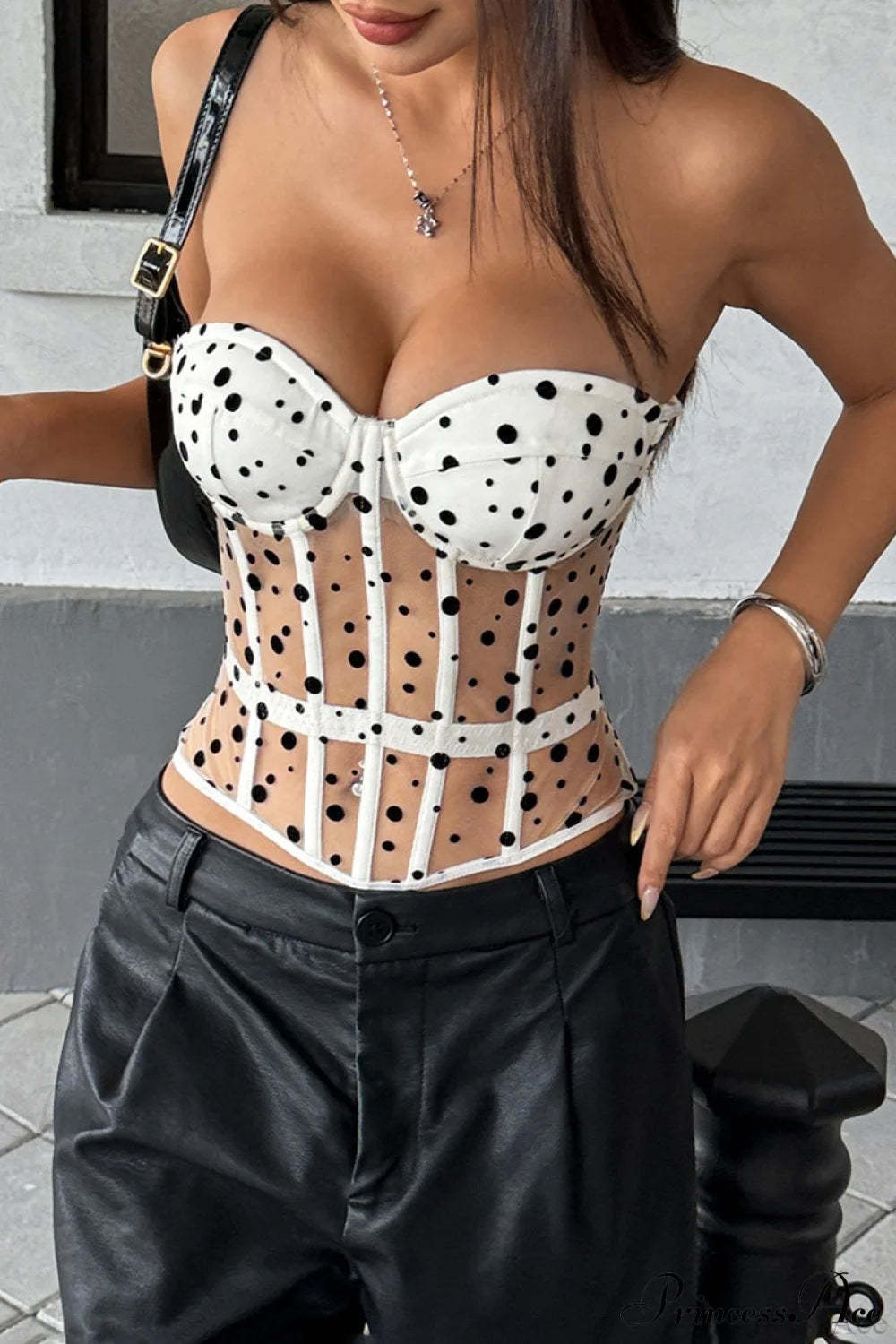 Black White Polka Dot Bustier Corset White / S