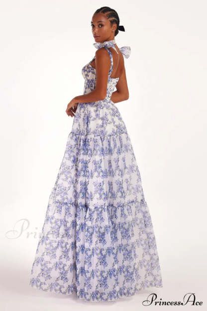 Blue Hydrangea Tender Charming Tie-Strap Maxi Dress