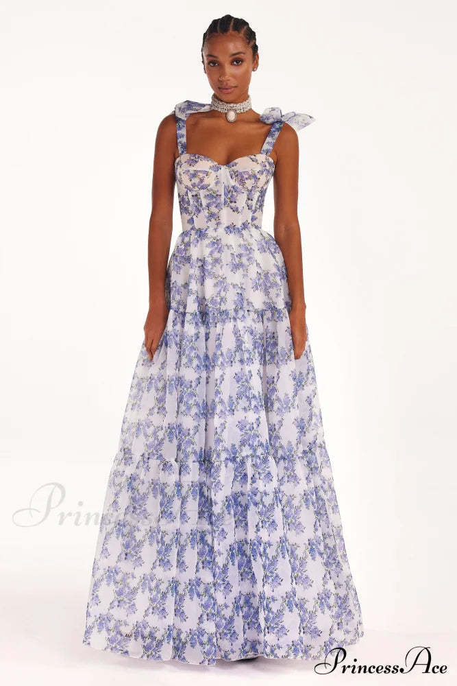 Blue Hydrangea Tender Charming Tie-Strap Maxi Dress