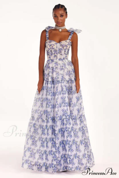 Blue Hydrangea Tender Charming Tie-Strap Maxi Dress