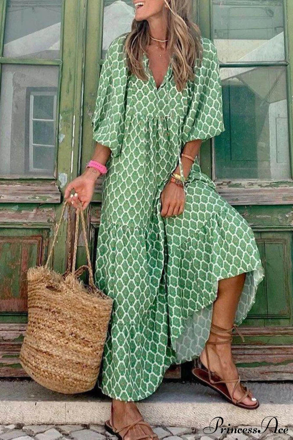 Bohemian Printed Stylish Maxi Dress Light Green / S Dresses