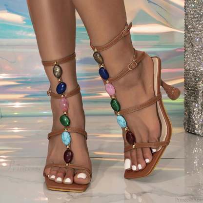 Bohemian Style Fashion Colour Gem Strap Designer Square Toe Low Heel Pump Brown / 36