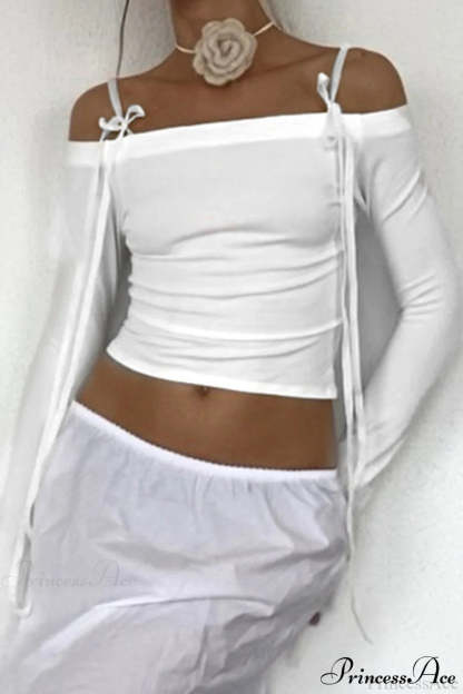 Bow Belted Off Shoulder Backless Long Sleeve Crop Top