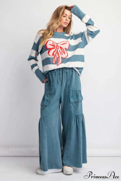 Bow Detail Jacquard Crewneck Long Sleeve Sweater
