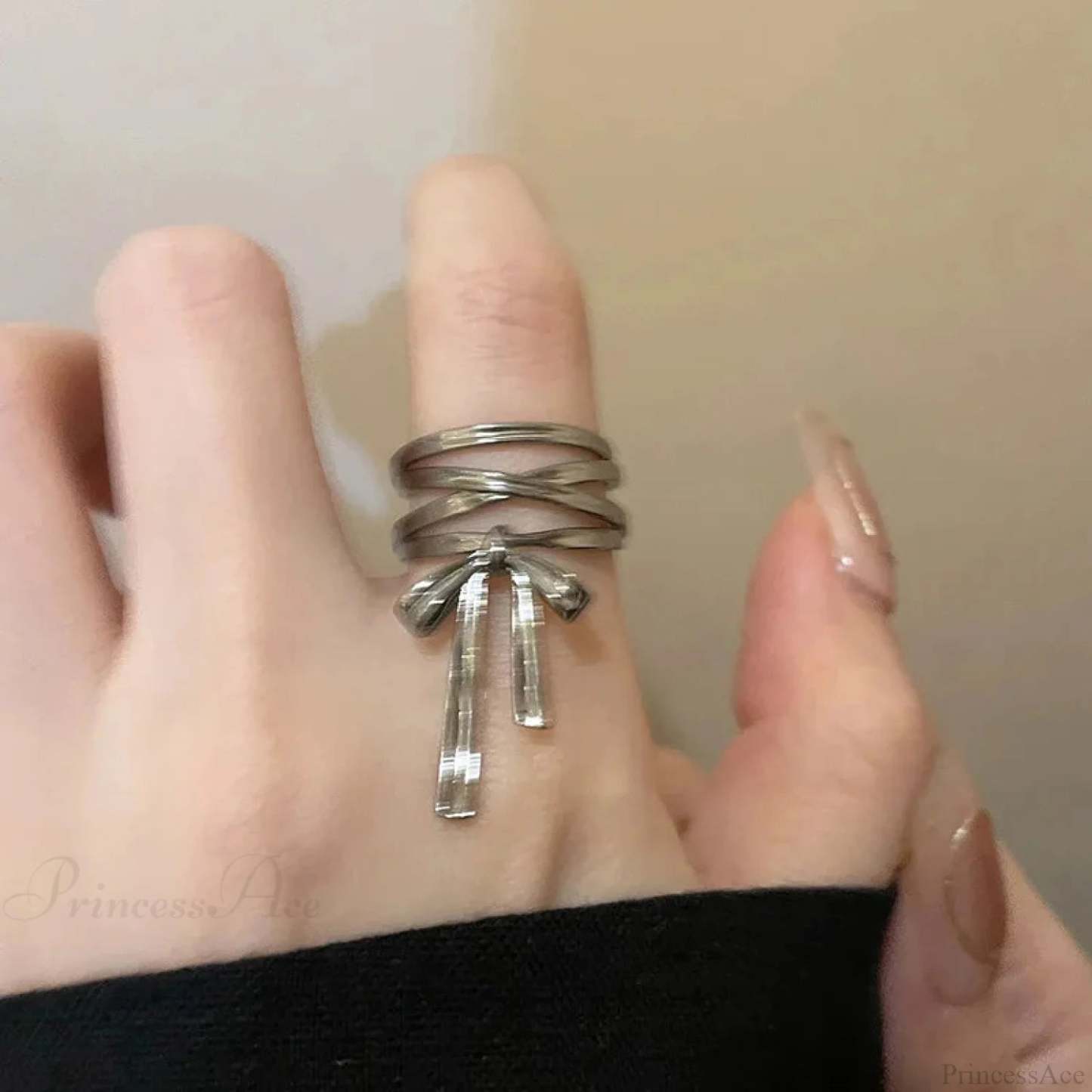 Bow Ribbon Gothic Adjustable Ring Gun Black