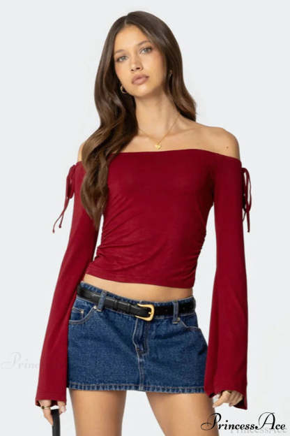 Bow Tie Off Shoulder Long Sleeve Crop Top