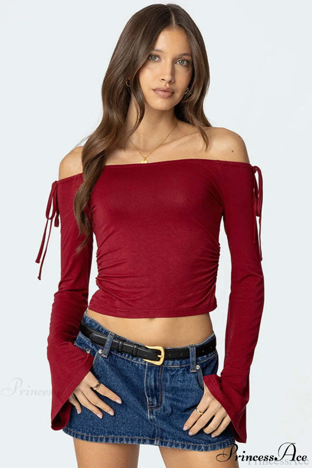 Bow Tie Off Shoulder Long Sleeve Crop Top Red / S