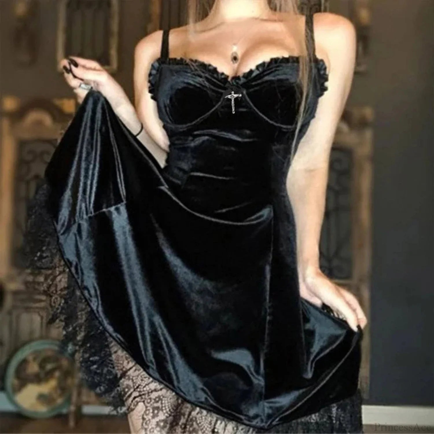 Bowknot Cross Pendant Mini Dress Black / S