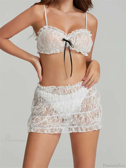 Bowknot Spaghetti Strap Sleeveless Lace Camis Crop Top with Mini Skirt Set twopiecesset-250126