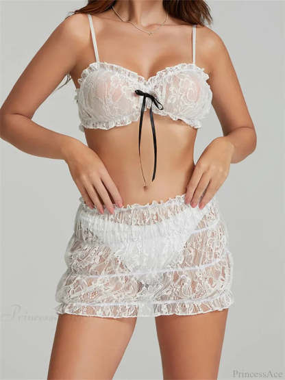 Bowknot Spaghetti Strap Sleeveless Lace Camis Crop Top with Mini Skirt Set WHITE / S twopiecesset-250126
