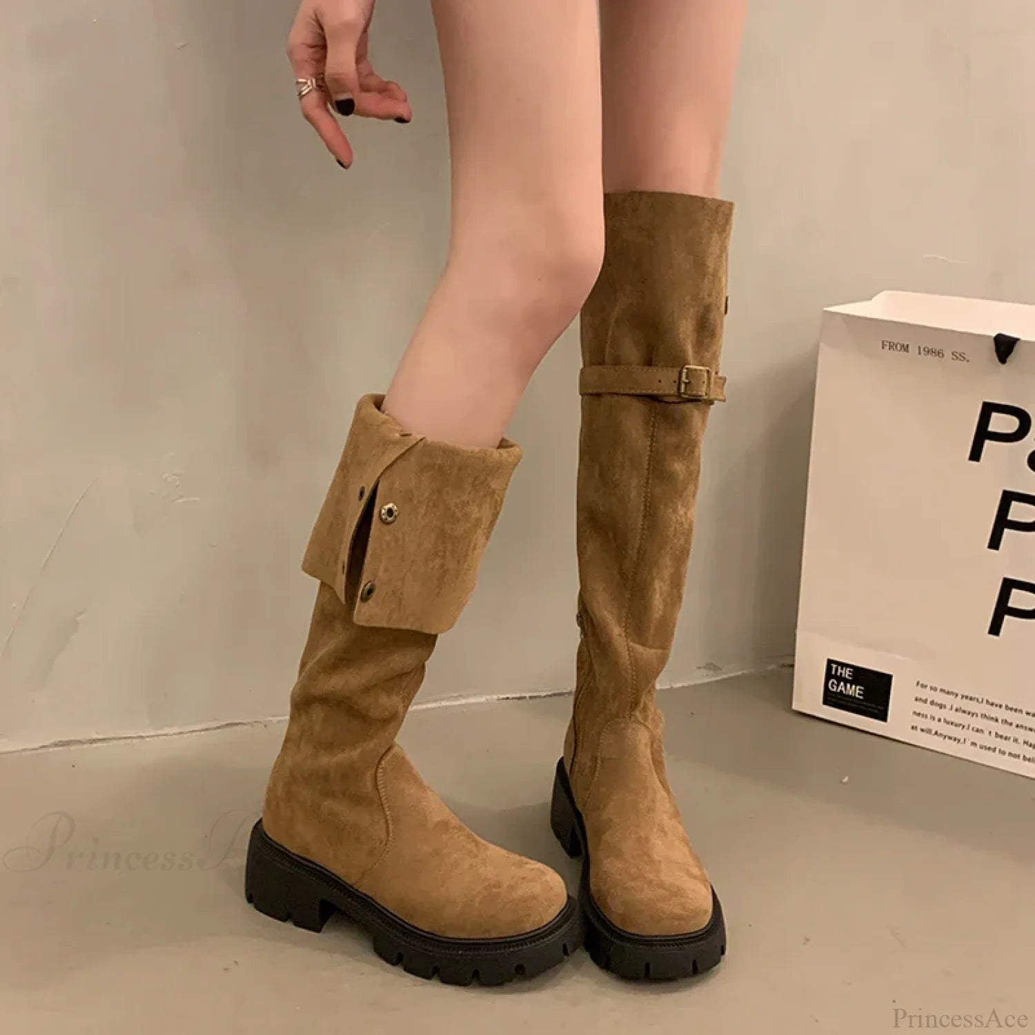 Brand New Female Platform Thigh High Slim Chunky Heels Party Knee High Boot khaki / 35