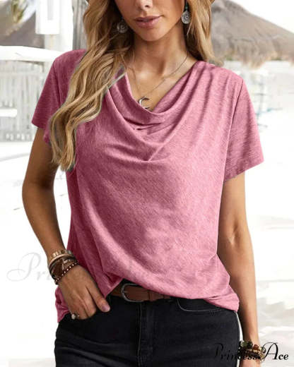 Cowl Neck T-shirt with Short Sleeves Red 23BF clothes Short Sleeve Tops Summer T-shirts Tops/Blouses