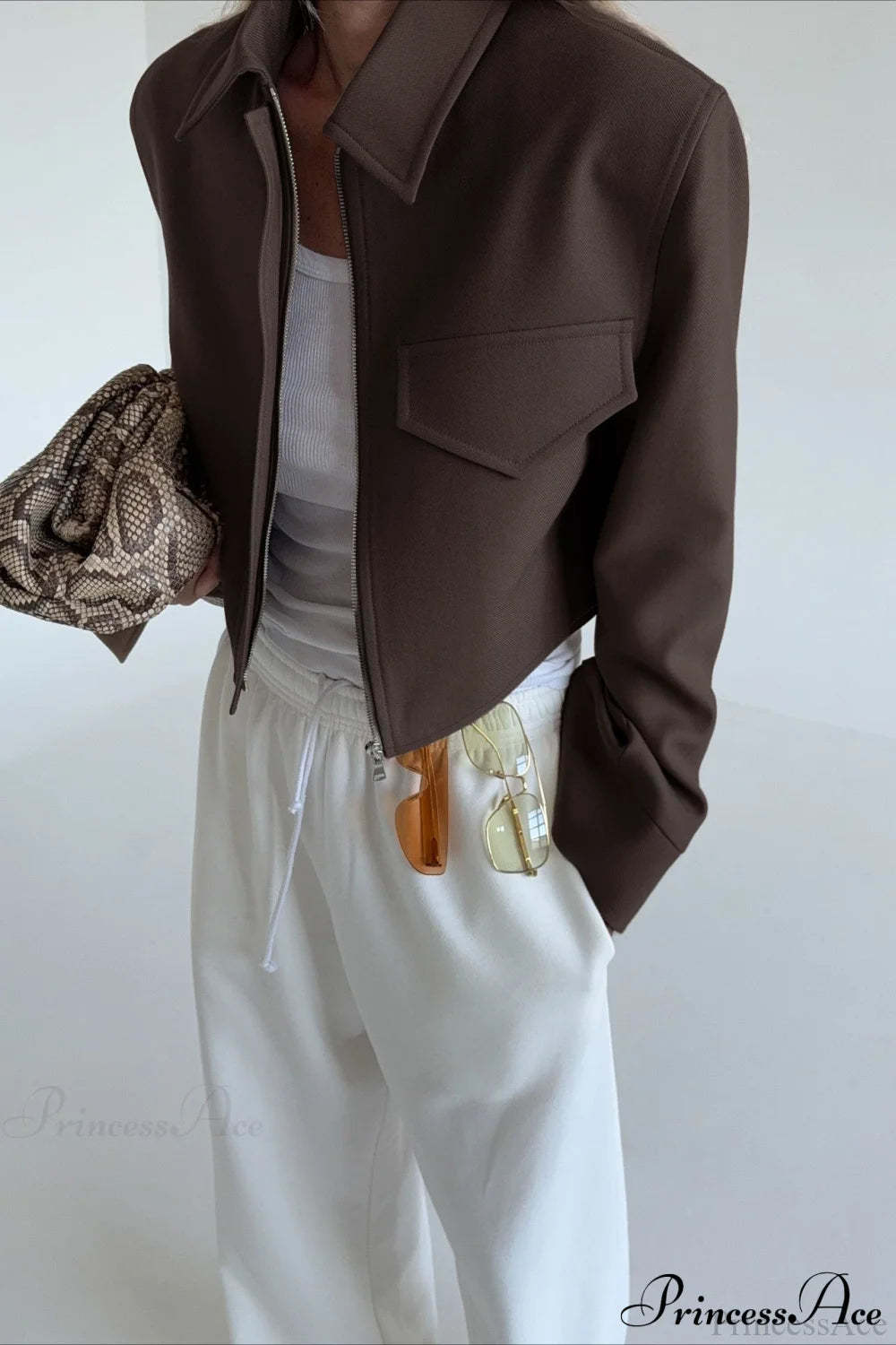 Brown Zip Short Jacket Chic Coat