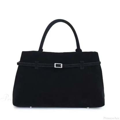Buckle Decorative Faux Suede Hasp Large Tote Handbag Black handbag-250126