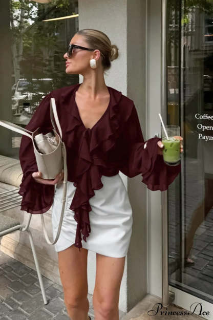 Burgundy Chiffon Ruffled V Neck Tie Blouse