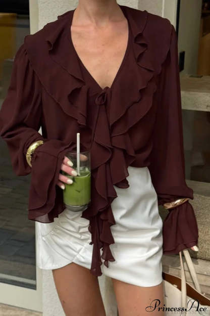Burgundy Chiffon Ruffled V Neck Tie Blouse Burgundy / S