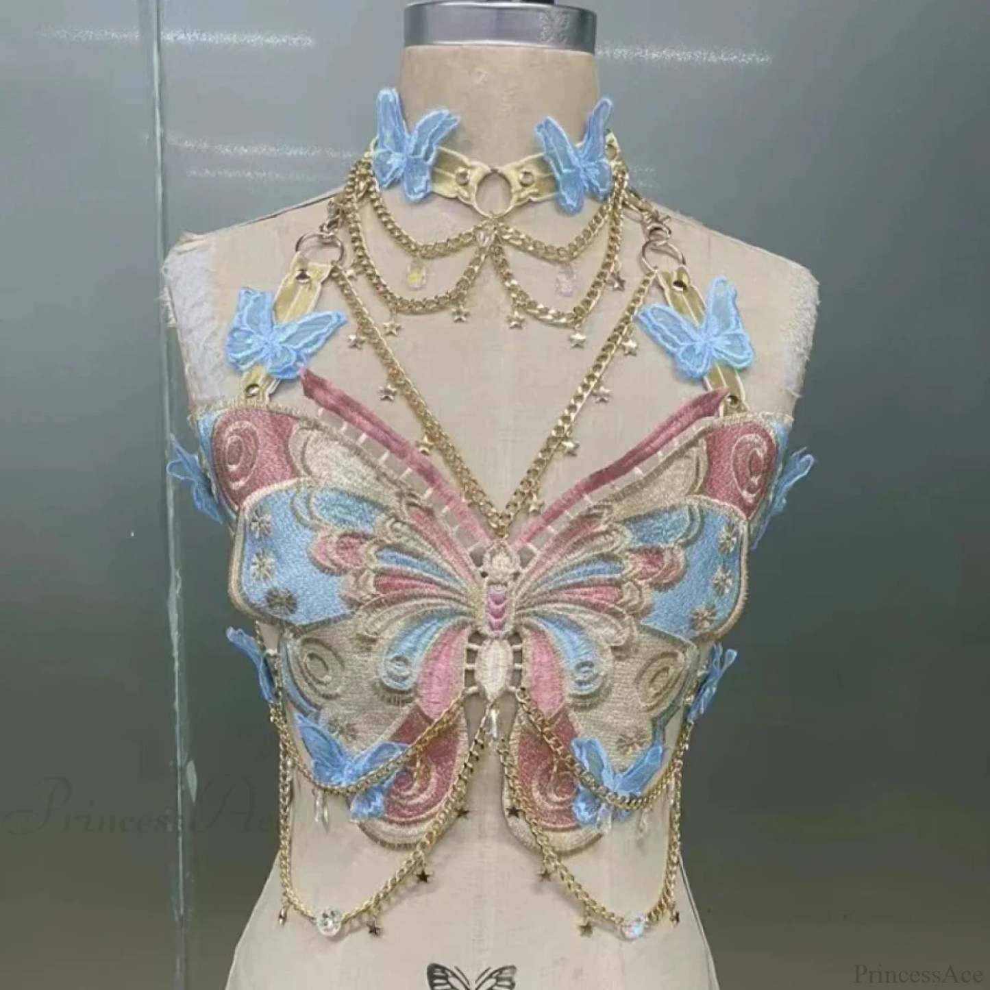 Butterfly Embroidered Crystal Chain Backless Crop Top Blue / One Size croptop-250223