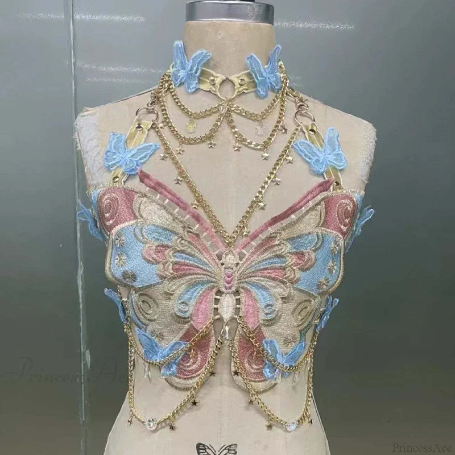 Butterfly Embroidered Crystal Chain Backless Crop Top Blue / One Size croptop-250223