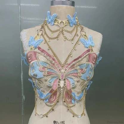 Butterfly Embroidered Crystal Chain Backless Crop Top Blue / One Size croptop-250223