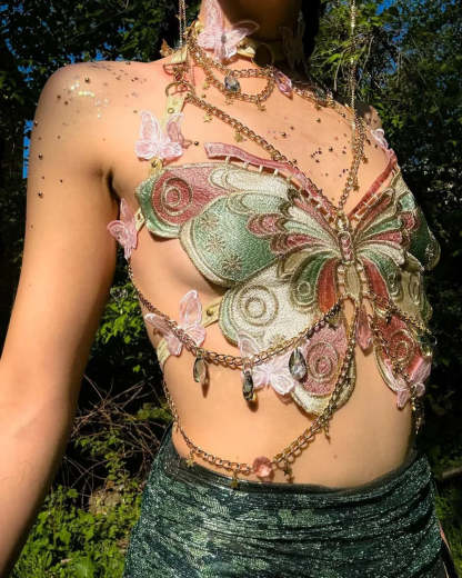 Butterfly Embroidered Crystal Chain Backless Crop Top croptop-250223