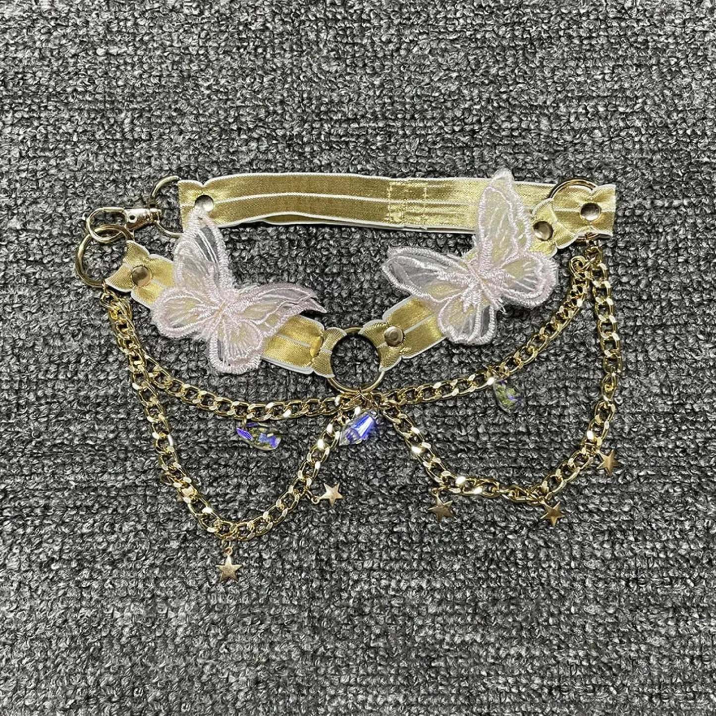 Butterfly Embroidered Crystal Chain Backless Crop Top Gold / One Size croptop-250223