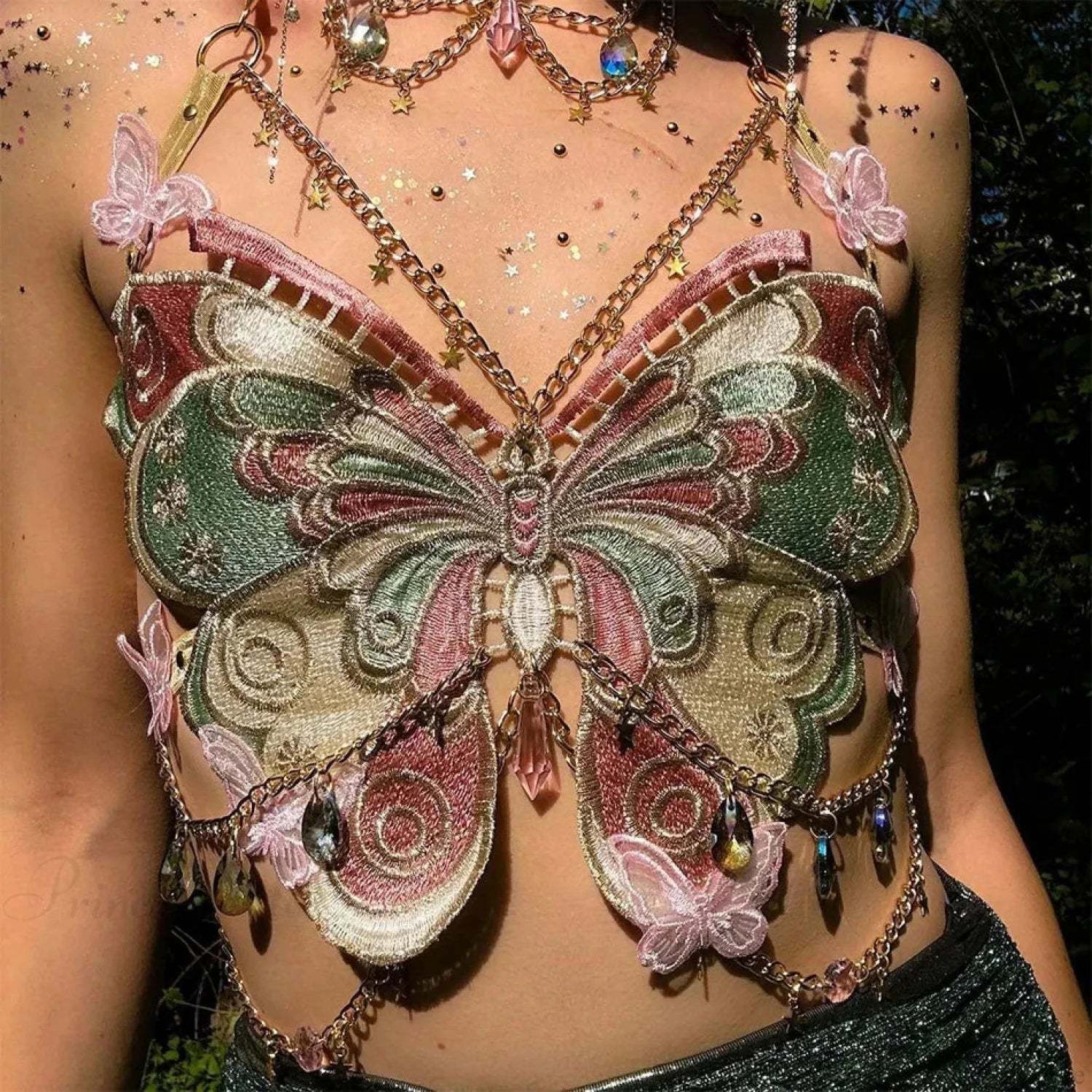 Butterfly Embroidered Crystal Chain Backless Crop Top mixed / One Size croptop-250223