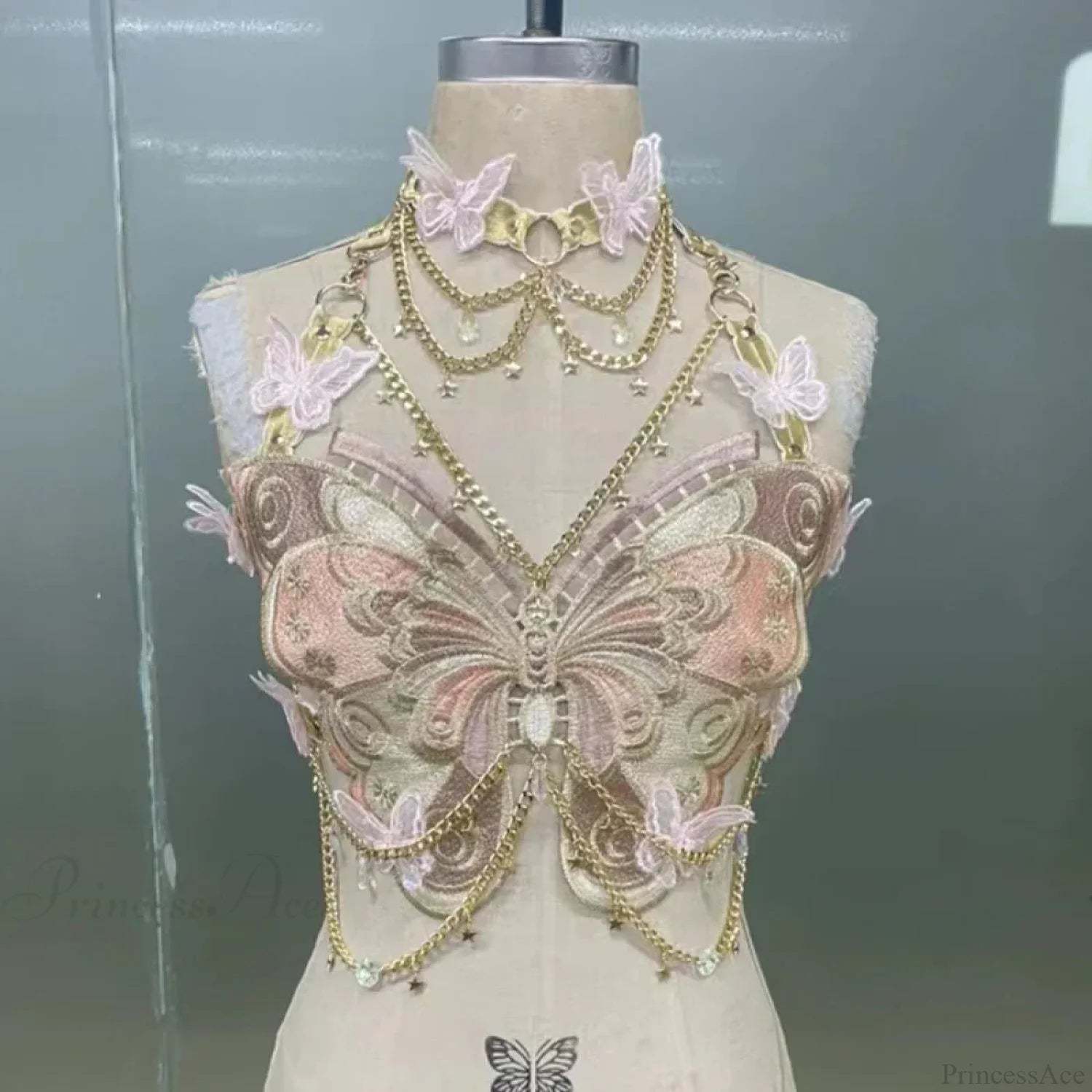 Butterfly Embroidered Crystal Chain Backless Crop Top Pink / One Size croptop-250223