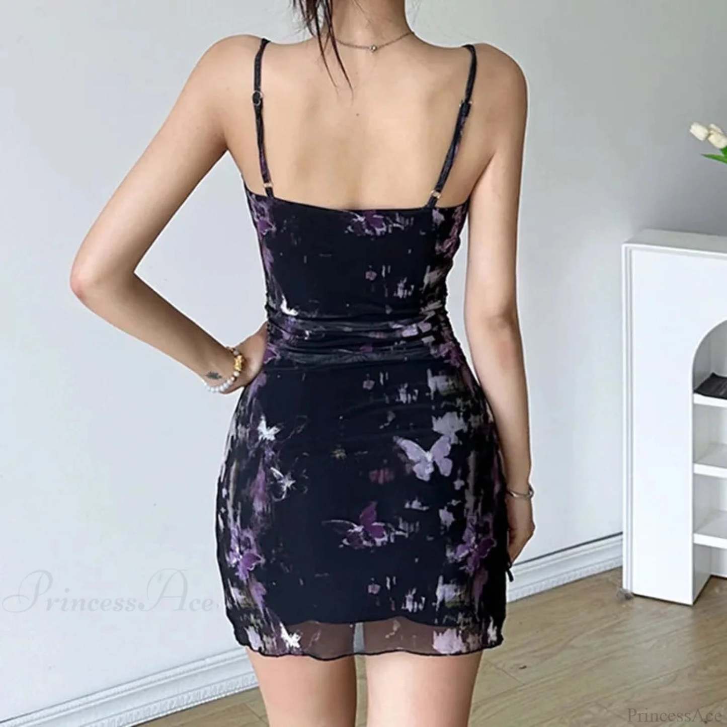 Butterfly Print Mesh Mini Dress