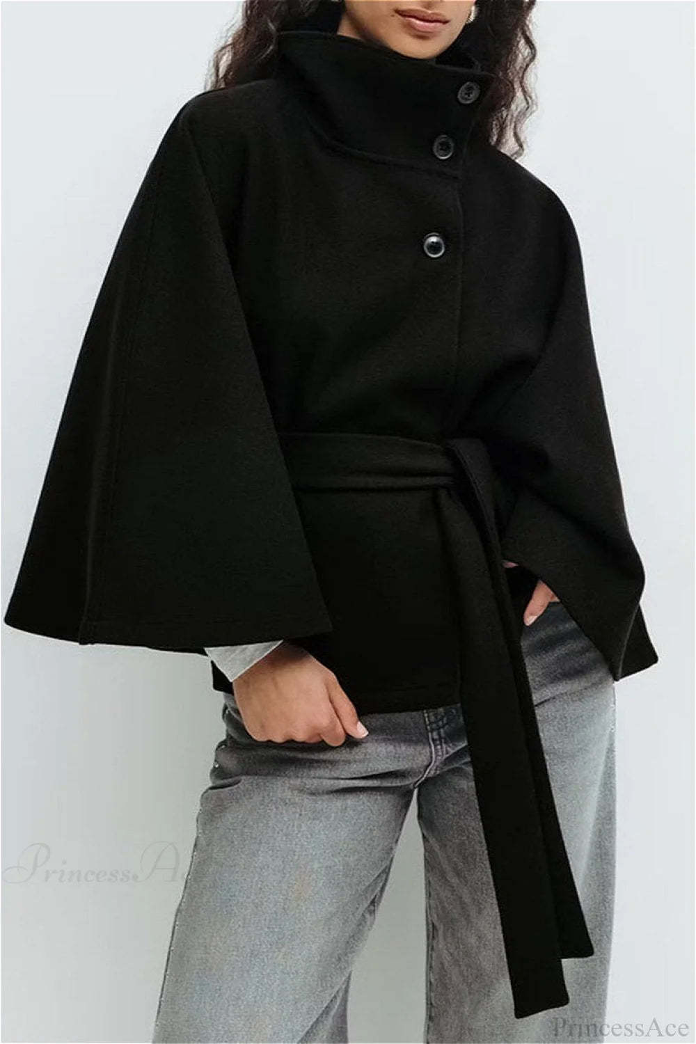 Button Up Stand Collar Cape Coat Black / S