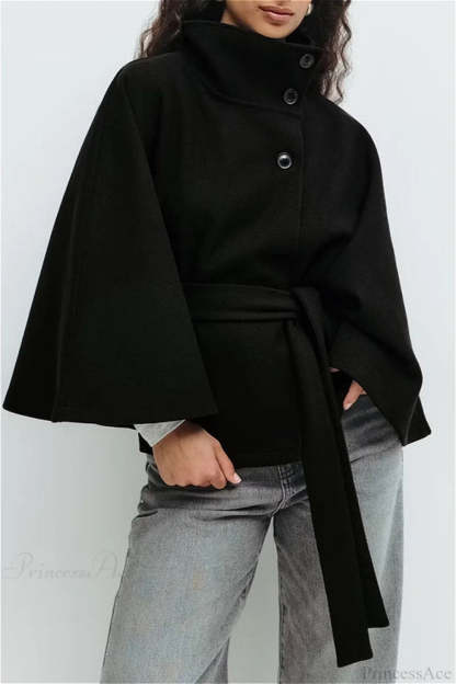Button Up Stand Collar Cape Coat Black / S