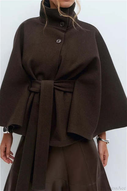 Button Up Stand Collar Cape Coat Brown / S