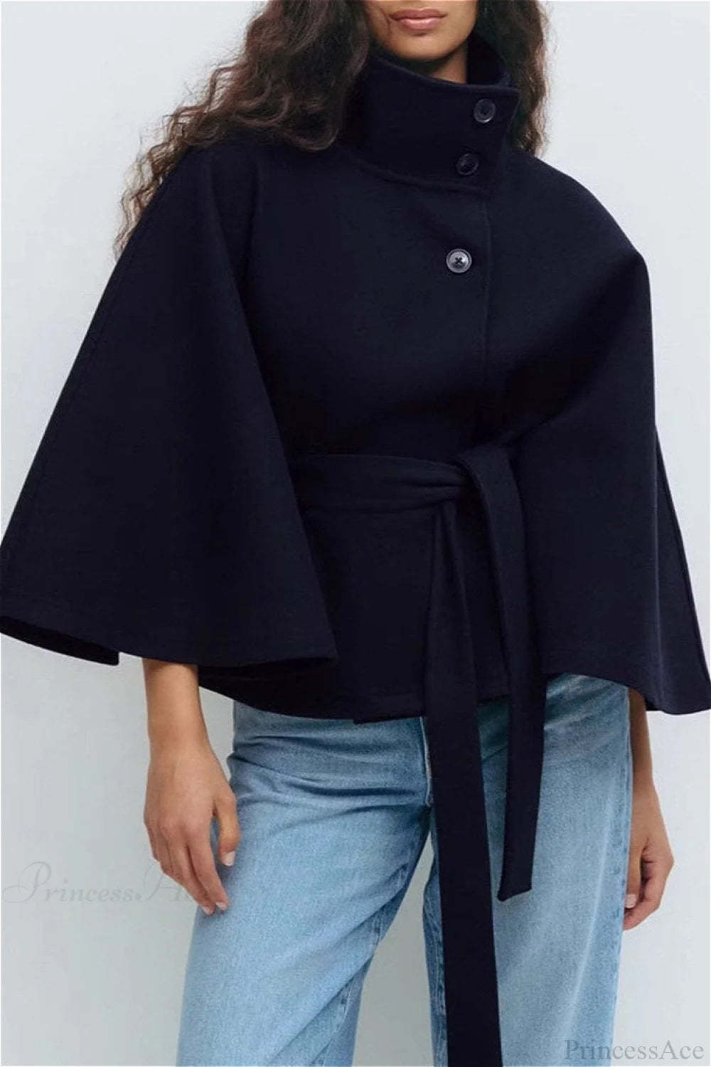 Button Up Stand Collar Cape Coat Navy Blue / S