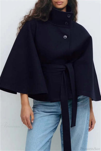 Button Up Stand Collar Cape Coat Navy Blue / S