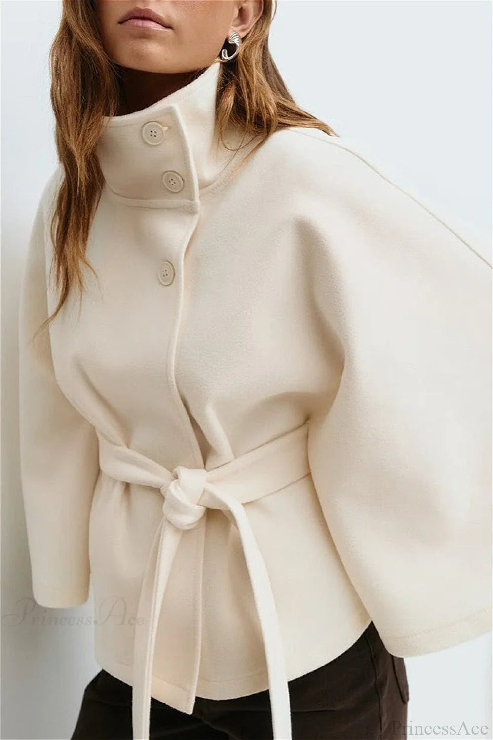 Button Up Stand Collar Cape Coat White / S
