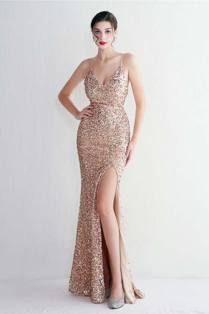 Elegant Velvet Sequin Party Dress Gold / S