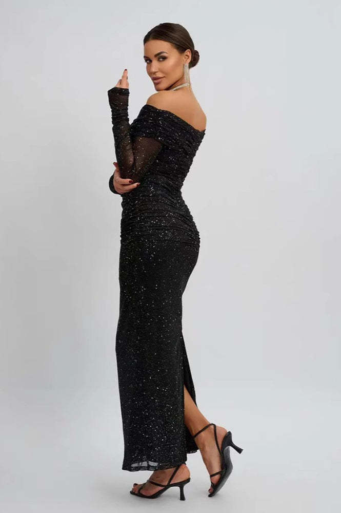 Strapless Mesh Long Sleeve Maxi Party Dress