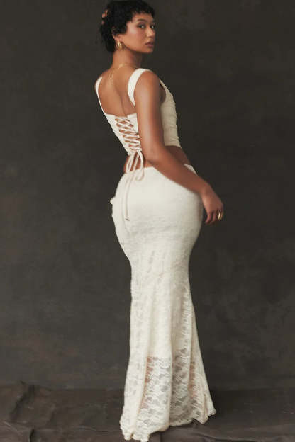 Elegant Lace Up Crop Top & Maxi Skirt Boho Dress