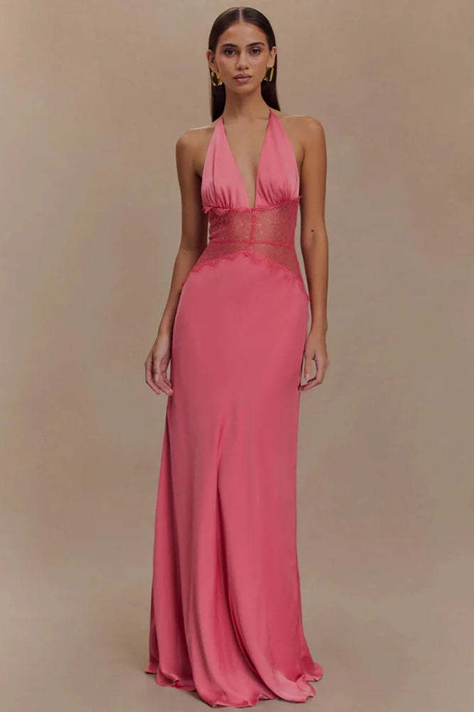 Lace Patchwork Backless Halter Boho Dress