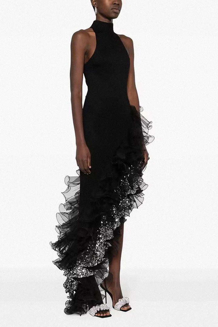 Black Ruffled Mesh Asymmetrical Party Dress