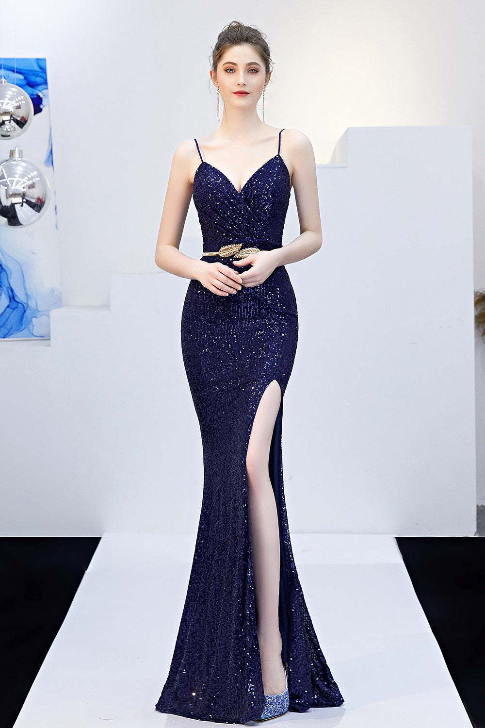Sexy Slim Fishtail Party Dress with Belt Blue / S
