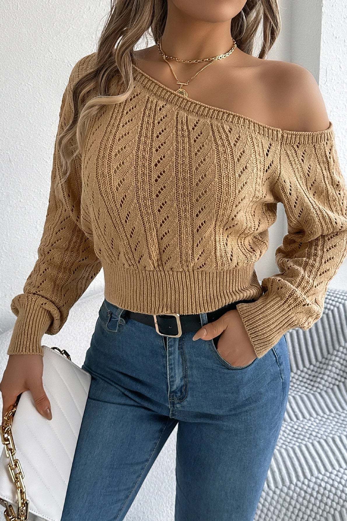 Off Shoulder Knit Pullover Sweater Khaki / S