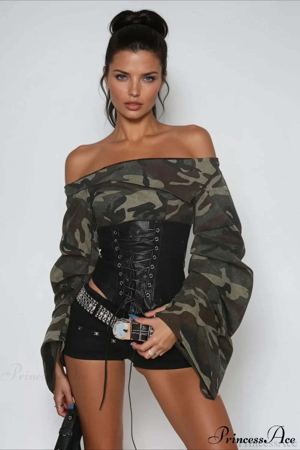 Camo Belted Off Shoulder Long Sleeve Crop Top