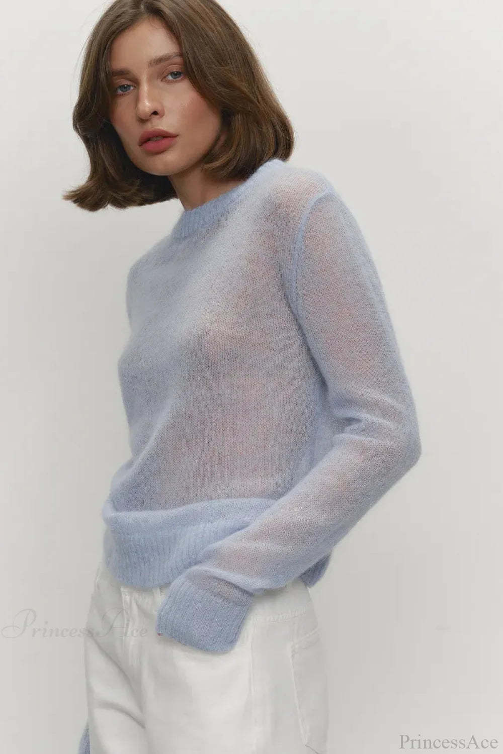 Candy Color Sheer Crew Neck Knit Sweater Blue / S
