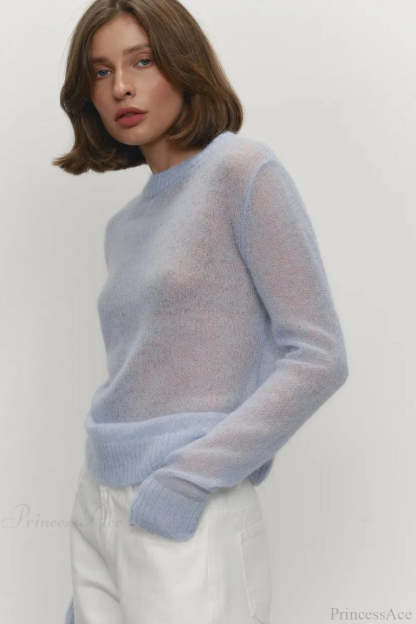 Candy Color Sheer Crew Neck Knit Sweater Blue / S