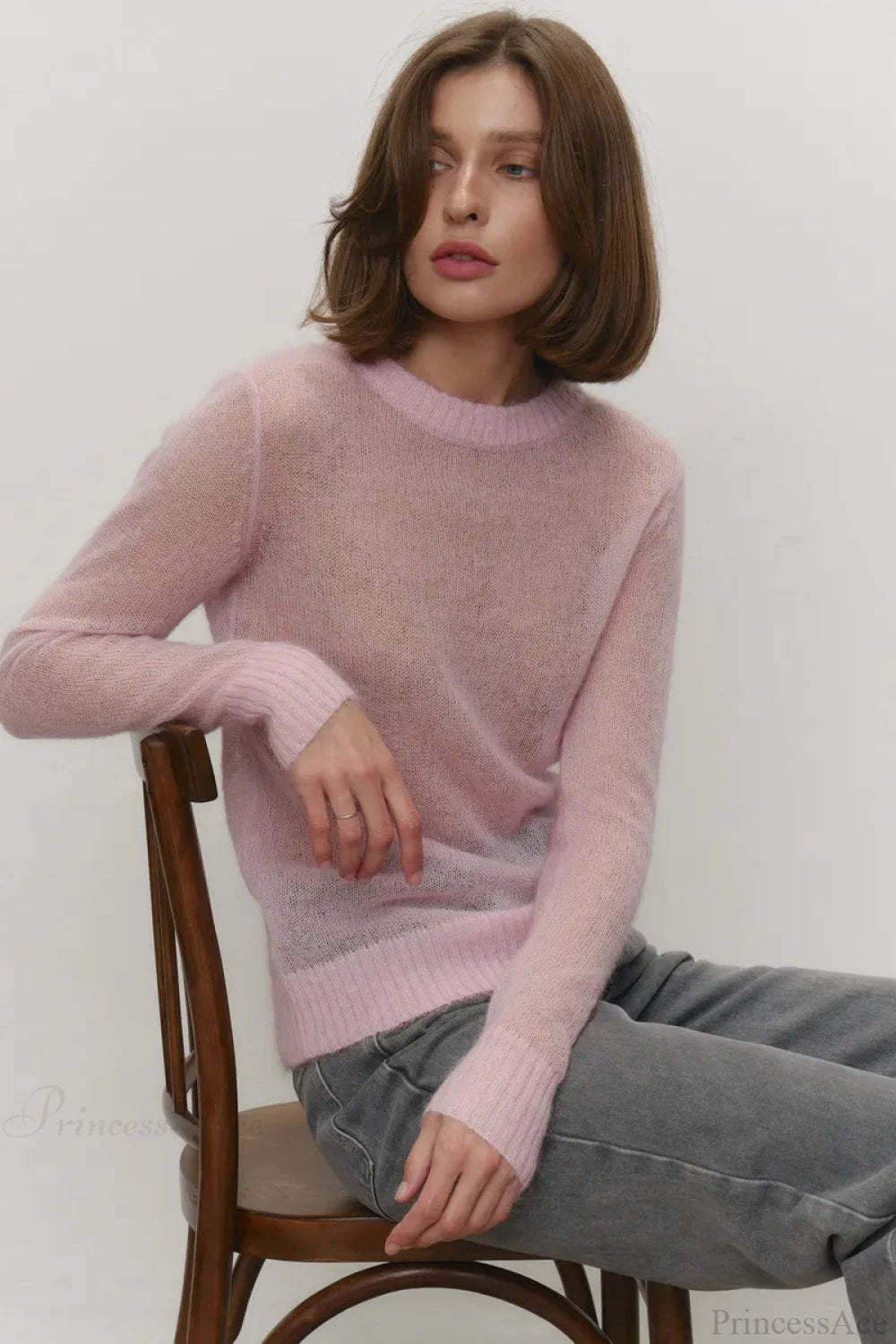 Candy Color Sheer Crew Neck Knit Sweater Pink / S
