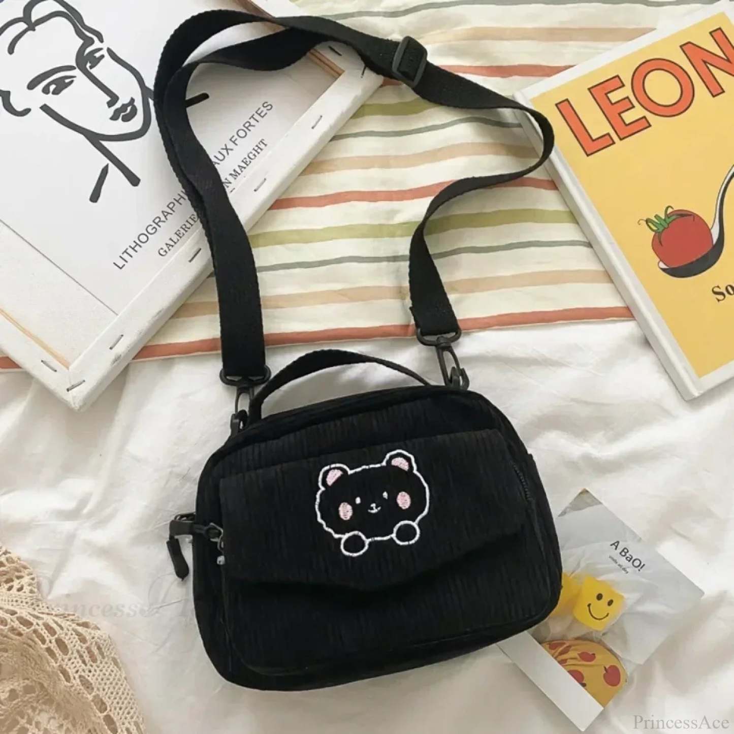 Cartoon Bear Casual Crossbody Shoulder Bag Black crossbody-250126