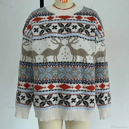 Casual Long Sleeve Knitted Pullover Basic Jersey Fashion Christmas Sweater Creamy-White / S