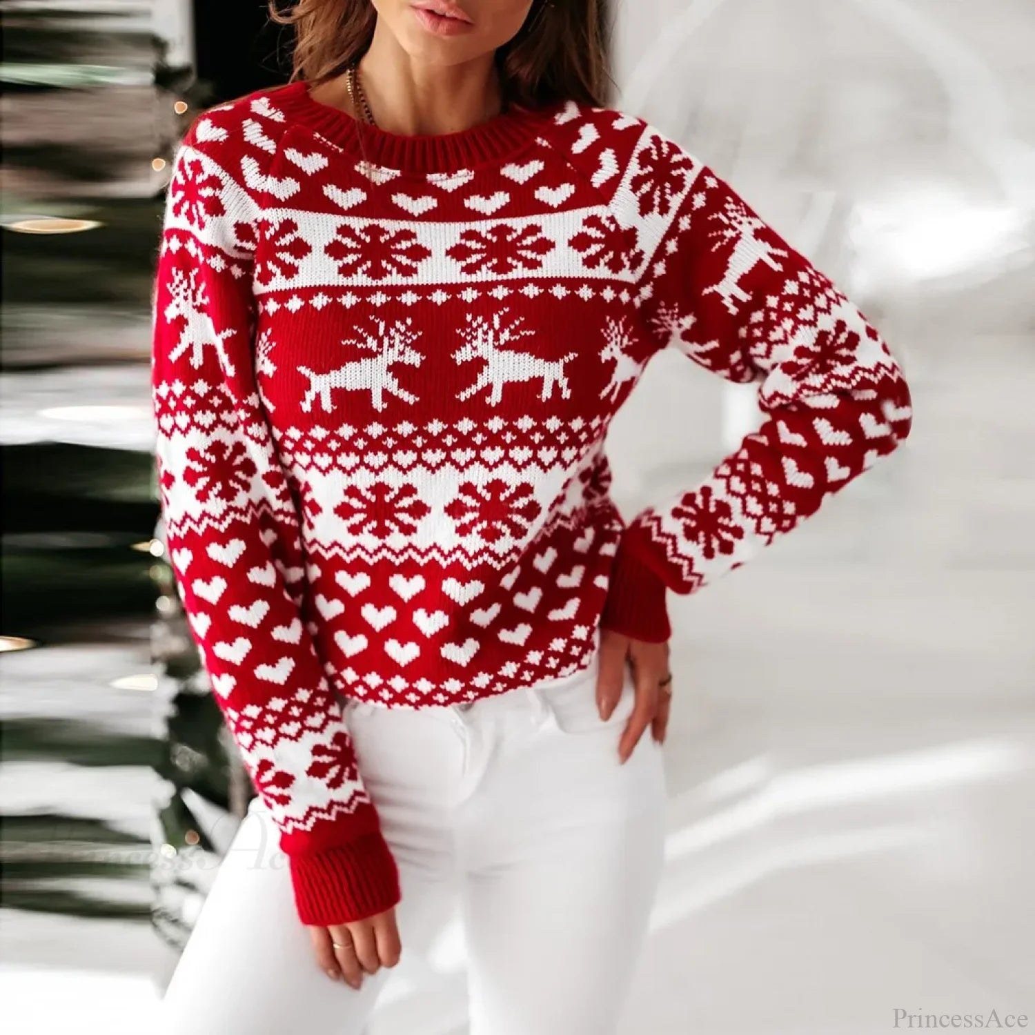 Y2K Moose Print Long Sleeve Warm Thicken Christmas Sweater Red / S Sweaters-L