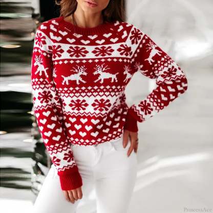 Y2K Moose Print Long Sleeve Warm Thicken Christmas Sweater Red / S Sweaters-L